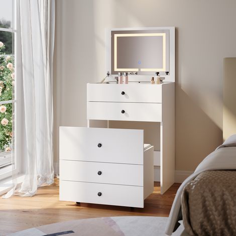 SIRHONA Coiffeuse avec miroir tactile LED Mode de réglage de la lumière en 3 couleurs Coiffeuse multifonctionnelle avec chaise dissimulée et rangement divisé 59.2×42.6×127cm (1/5)