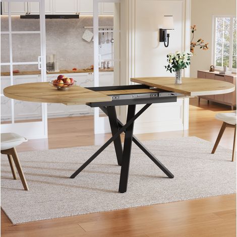 Mesa de comedor extensible 100-140 cm redonda a ovalada, patas X de metal, MDF efecto madera (1/5)