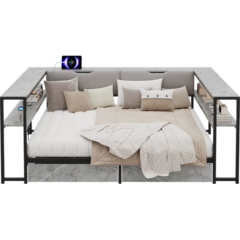 Letto 140x200 con 2 cassetti, rete a doghe in metallo, testiera con USB e Type-C, rivestimento grigio in tessuto, per camera ragazzi e ospiti CHICFURN (1/5)