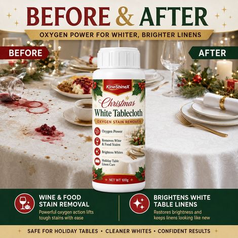 KineShineX Christmas White Tablecloth Stain Remover and Whitening Powder Removes Red Wine and Coffee Sauce Stains (1/4)