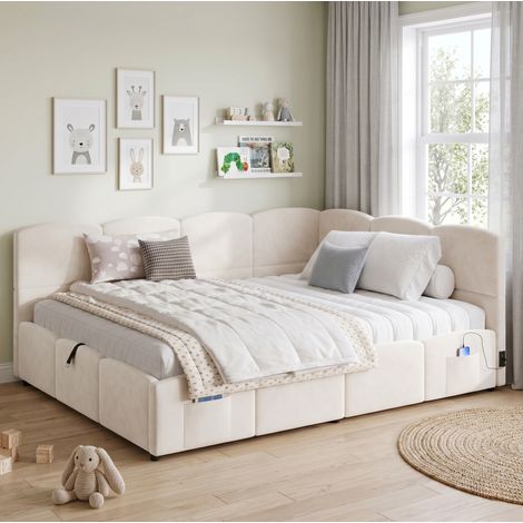 Cama daybed moderna de terciopelo beige 140x200 cm con somier de láminas, almacenaje elevable, USB y bolsillos (1/5)