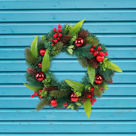 Guirlande Porte Noël - Couronne Décorative Bois Simulacre Pommes De Pin Baies Rouges - Pour Porte Extérieure Intérieure Mur - Diamètre 40 cm - 1 Pièce (1/5)