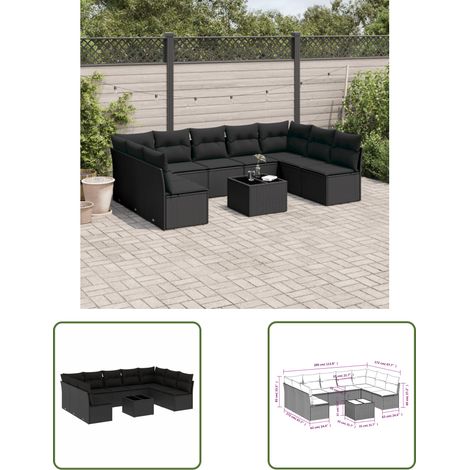 The Living Store 10-tlg. Garten-Sofagarnitur mit Kissen Schwarz Poly Rattan - Gartenmöbel - Rattan Möbel - Gartenset - Esstisch Set - Lounge Sofa (1/3)