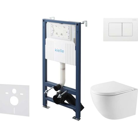kielle Genesis New - Conjunto de instalación empotrada, inodoro compacto Oudee, Vortex Rimless+, asiento softclose y pulsador Gemini New III, blanco brillante 30528SS43