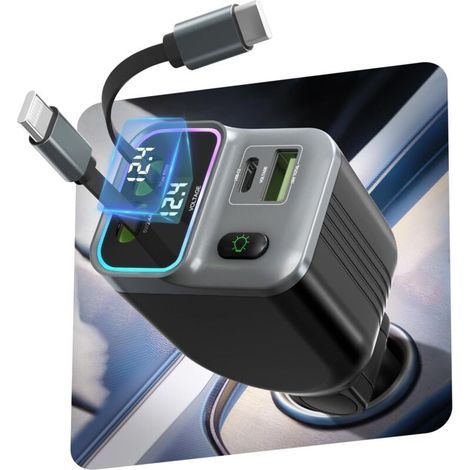4-in-1-Autoladegerät mit USB-C (65 W), 80 cm langem Einzugskabel und Umgebungsbeleuchtung, Schnelllade-Autoladegerät mit USB-C/USB-A (12 V/24 V) für iPhone und Samsung Galaxy