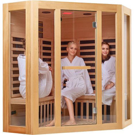 Sauna infrarouge lointain en bois d'épinette pour 3 à 4 personnes, cabine spa à domicile, faible CEM, porte en verre trempé, enceintes Bluetooth et éclairage chromothérapie, 2470W (1/5)