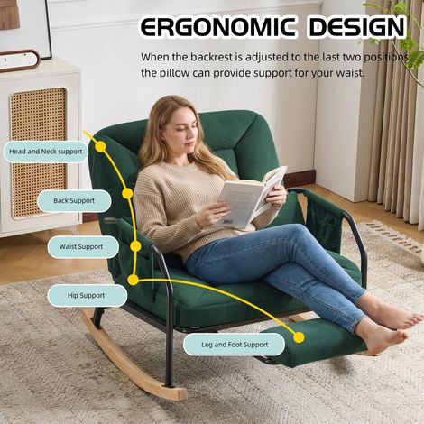 Fauteuil à bascule oversize pour patio avec repose-pieds, coussin rembourré, dossier inclinable, bois et métal, intérieur/extérieur salon chambre balcon terrasse, velours côtelé vert (1/5)