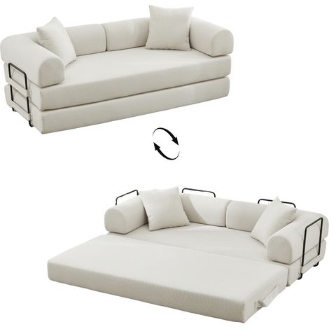 FurnitureR 2-Sitzer Schlafsofa Beige aus Cord, klappbar, 200 cm breites Schlafsofa mit Cord, Schaumstoff und ca. 196 x 200 cm Liegefläche für kleine Räume und Gäste (1/5)