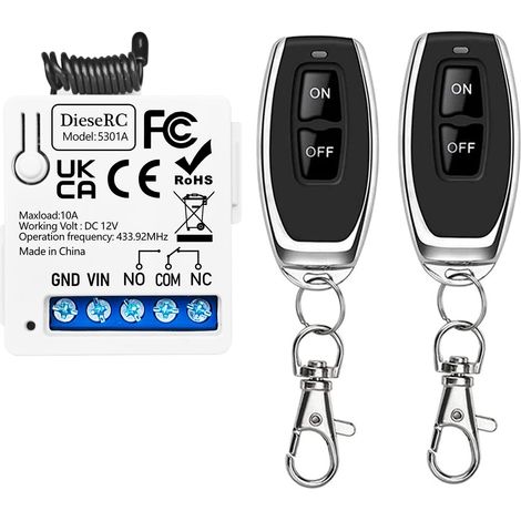 433Mhz Commutateur de télécommande sans fil universel DC 12V 1CH Module récepteur de relais RF avec 2 émetteurs DIY télécommande EV1527 Code d'apprentissage (1/5)