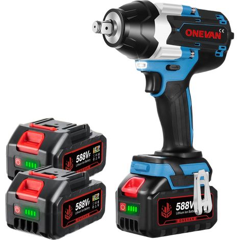 ONEVAN Llave de Impacto Inalámbrica 1000Nm , 3 velocidades,1/2" Pistola de Impacto Electrica con dos baterías de 3,0 Ah - azul