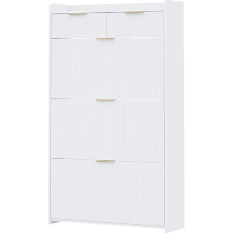 Schmale weiße Schuhkommode mit 3 Klappen und 2 Schubladen 80 x 25 x 135 cm (1/5)