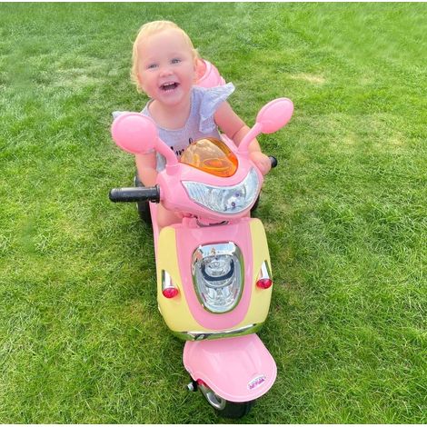 Triciclo elettrico per bambini 6 V con vano portaoggetti, rosa e giallo, HAVRYA (1/4)