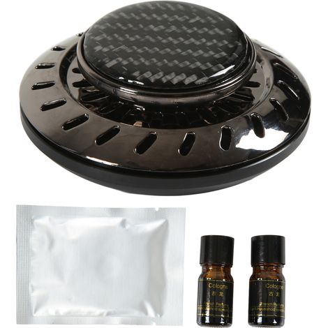 Diffuseur d'air voiture forme disque volant longue durée, décoration noire avec 2 huiles essentielles désodorisantes. (1/5)