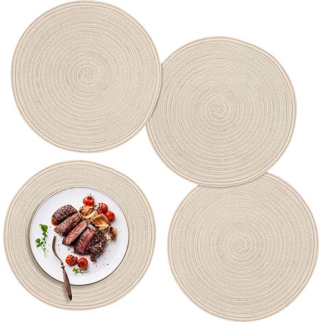Set mit 4 runden, cremefarbenen Tischsets aus geflochtener Baumwolle, Ø 38 cm, waschbar und hitzebeständig, geeignet für Küche/Hochzeiten/Hotels