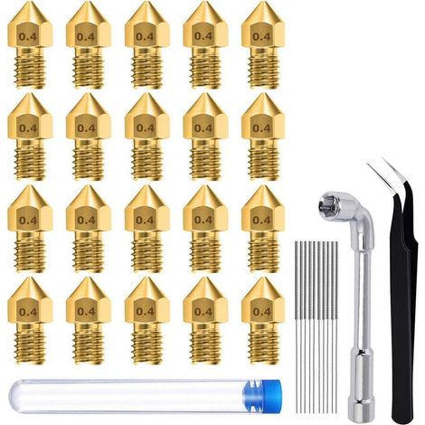 Lot de 20 buses d'imprimante 3D MK8 de 0,4 mm, têtes d'impression en laiton avec outil de nettoyage, 1 clé à douille et 1 pince à épiler. (1/5)