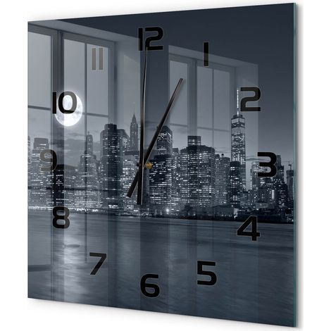 Grande Horloge Murale Carrée Contemporaine en Verre Silencieuse Salon Cuisine Bureau New York la nuit 60x60 cm (1/5)