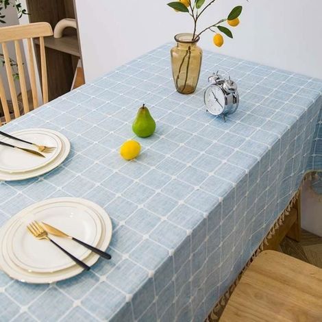 (Bleu)Nappe rectangulaire à carreaux avec Gland - 140 x 180 cm - 100% Polyester - Imperméable, infroissable, lavable - Bleu (1/4)