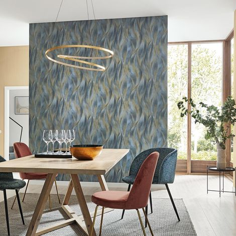 Papier peint motif feuille moderne gris-bleu | Tapisserie grosses feuilles tendance chambre | Papier peint intissé salon & bureau (1/3)