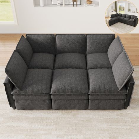 Canapé modulable XXL 344x127x91 cm, convertible U/L, fonction lit, repose-pieds mobile, double rembourrage, tissu chenille gris, pour salon et bureau (1/5)