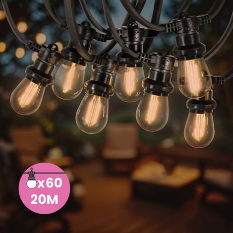 Guirlande Guinguette 20M 60 Bulbes Filament Ambré - Guirlande Lumineuse Ampoule E27 Ambrée - Guirlande Guinguette Led Filament rétro (1/5)