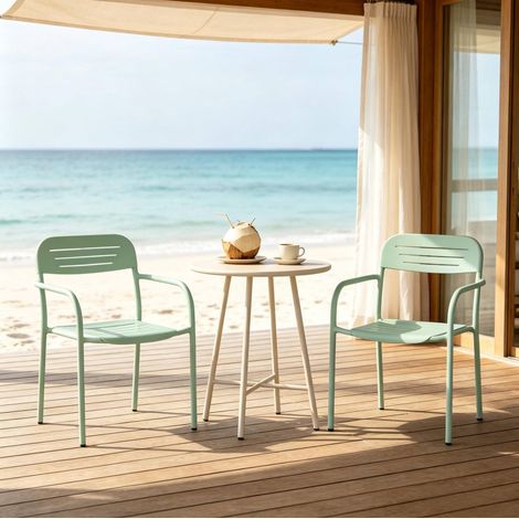 Ensemble de 2 chaises de jardin empilables en métal vert avec accoudoirs, 56 x 58 x 78 cm (1/5)