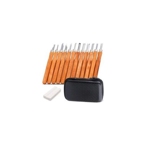 Juego de cinceles de madera, herramientas de grabado, cincel de acero con mango de madera, para principiantes/aficionados/manualidades/escultores/cera/cerámica, con piedra de afilar y bolsa de almacen (1/5)