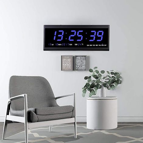 Horloge murale numérique à LED, 48 cm, avec affichage des chiffres, de la température, pour chambre, cuisine, bureau, prise européenne, bleue