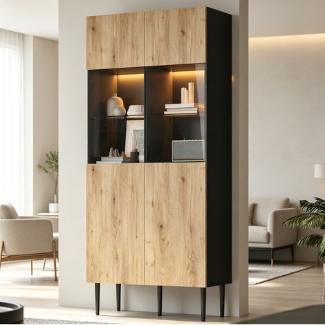 Meuble rangement vitrine 80x35x180 LED noir bois OKMYHOME (1/5)