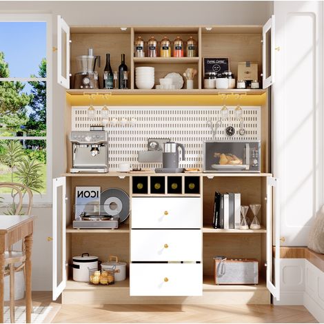 Hochschrank 140x40x185.7 cm Weiß MDF und Glas mit LED-Beleuchtung, Weinregal und verstellbaren Einlegeböden (1/5)
