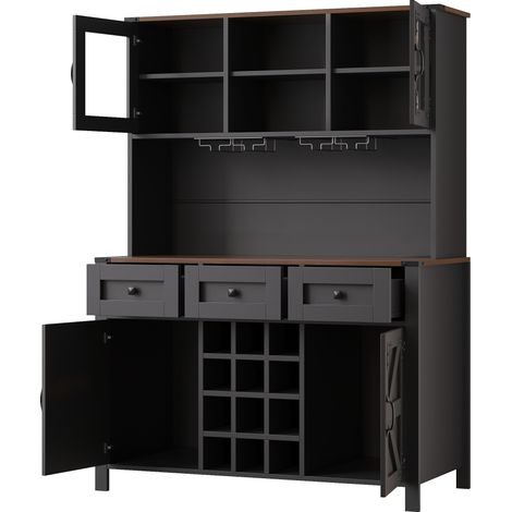 Haut buffet de cuisine noir 120 x 40 x 170 cm avec prises USB, LED, 4 portes et 3 tiroirs (1/5)