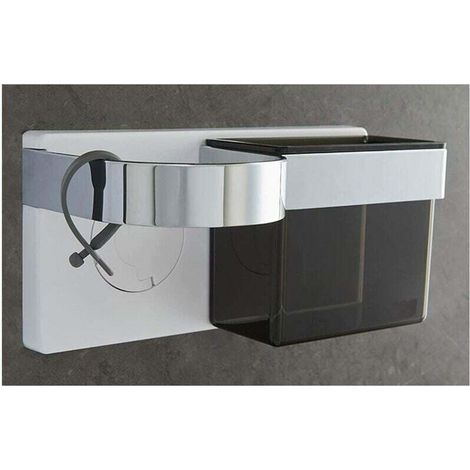 -Supporto autoadesivo da parete Crezuo per asciugacapelli con vano portaoggetti, in ABS, per spazzole e accessori per lo styling, con forte adesivo e clip per cavo in silicone.