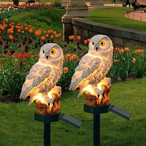 Lot de 2 lampes solaires de jardin en forme de hibou – Lampes décoratives sur piquet pour cour, jardin et pelouse (1/5)