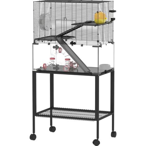 3-stöckiger Hamsterkäfig mit Laufrad, Versteck, Ablagen, Rampen und Zubehör, schwarz (1/3)
