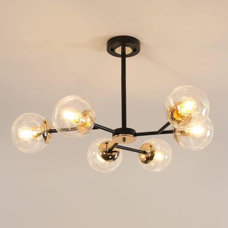 GOECO Lustre plafonnier moléculaire 6 lumières E27 noir sable et laiton, globes en verre diam. 13 cm, D72 x H40,5 cm, style nordique (1/5)