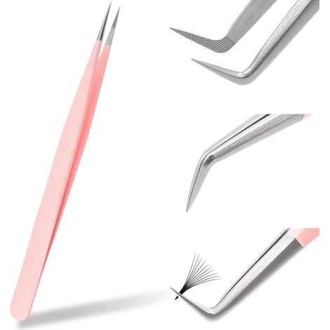 1 Pince Extensions Cils, Acier Inoxydable, Pointe Verticale, Précision, Emballage Individuel, Rose