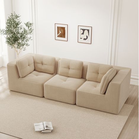 REDOM - Canapé d'angle modulaire, assise profonde 74 cm, confort enveloppant, accoudoirs larges, tissu en velours côtelé beige (1/5)