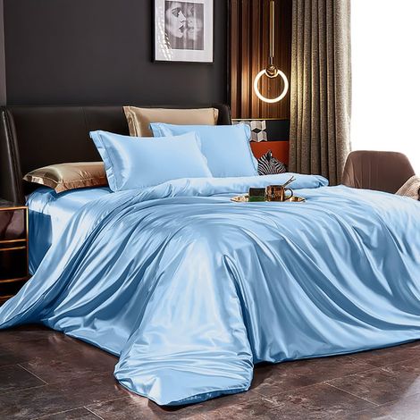 Parure de lit en satin 135 x 200 cm - Bleu clair uni - Soie esthétique - En microfibre brillante - Housse de couette et taie d'oreiller de 80 x 80 cm - Avec fermeture éclair (1/5)