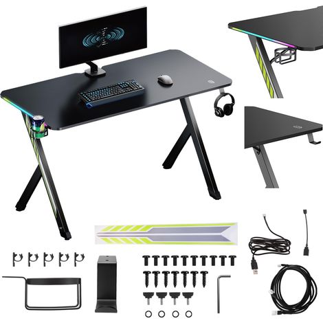 Bureau de Jeu 120 x 60 cm Noir avec éclairage LED RVB 18 Modes USB et Adaptateur ARGB Support Casque Porte-gobelet Pieds antidérapants Design Moderne capacité de Charge 75 kg pour Jeu (1/5)