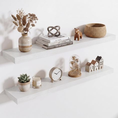 Étagère Murale en Bois, Version Extra résistante, Longueur 90 cm, Tablette Murale pour Salon, Salle de Bain, Chambre, Cuisine, Blanc, Lot de 2 (1/5)