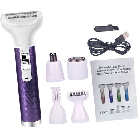 Tondeuse bikini 5 en 1 pour femme, sans fil, indolore, professionnelle, pour le nez, les oreilles, les sourcils et les aisselles. (1/5)