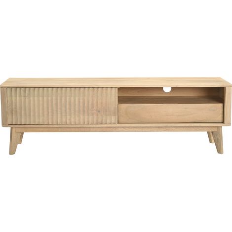 Meuble TV en bois clair manguier massif avec porte coulissante L160 cm ALDA (1/5)