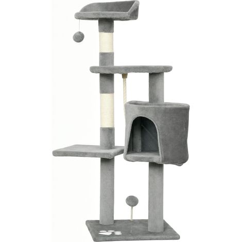 Arbre à chat multi-jeux avec grattoir, niche et jouet en corde, 40 x 40 x 114 cm, gris (1/5)