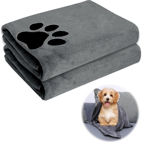 Serviettes chien 2 pièces ultra-absorbantes en microfibre – 75 x 35 cm – gris – séchage rapide pour chiens, chats et animaux domestiques