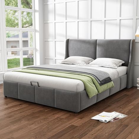 Lit double 160x200 cm en tissu gris avec tête de lit oreiller et coffre de rangement hydraulique, sans matelas (1/5)