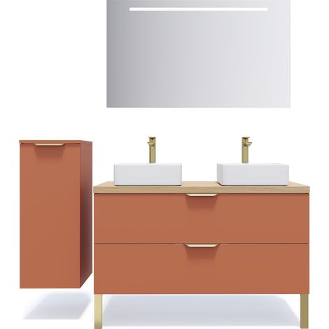 Meuble de salle de bain suspendu 2 vasques à poser 120cm 2 tiroirs Terracotta + miroir + colonne ouverture gauche - Venice (1/5)