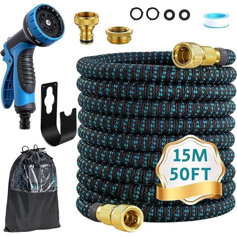 Garden Hose 15m/50ft, Garden Hose with 1/2 Inch and 3/4 Inch Adapters, 10 Watering Models, Water Hose for Garden, Irrigation, Cleaning (1/5)
