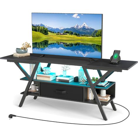 Mobile porta TV 140 x 40 x 54 cm con luci LED e stazione di ricarica stile moderno e industriale legno nero 200018402