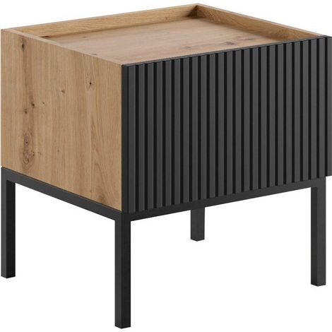 Mesilla de noche Lunole 106, Roble Artisan + Negro, Número de cajones: 0, Número de puertas: 0, 45x45x42cm, MDF, Aglomerado laminado