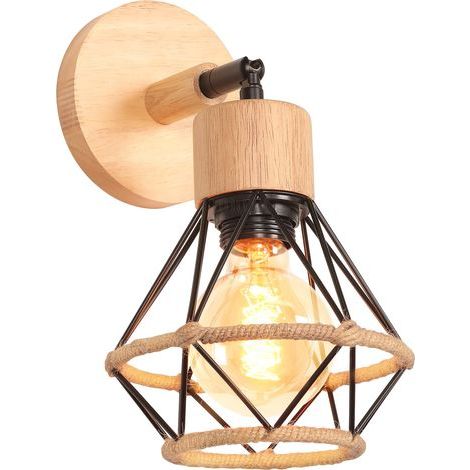 Applique Murale Industrielle Vintage Plafonnier Luminaire Interieur en Métal et Chanvre Corde Lampe Murale Bois Rétro Réglable Design pour 16cm 12cm (1/4)