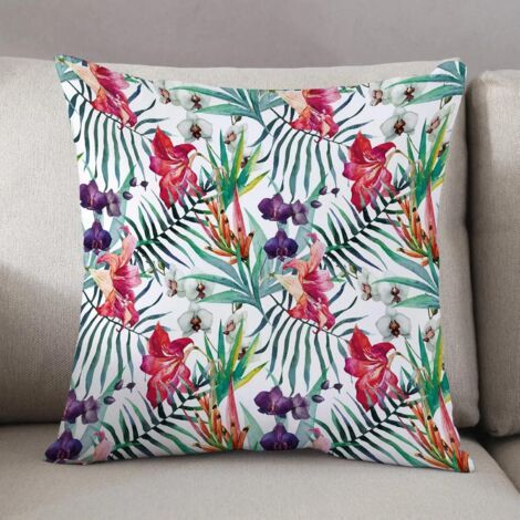 Housse de coussin de canapé 45 x 45 cm, motif floral, aquarelle, plantes tropicales exotiques, couleurs vibrantes, été hawaïen (coussin non inclus), housse de coussin de salon. (1/4)